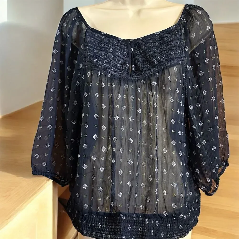 Abercrombie & Fitch Navy Sheer Smocked Peasant Top